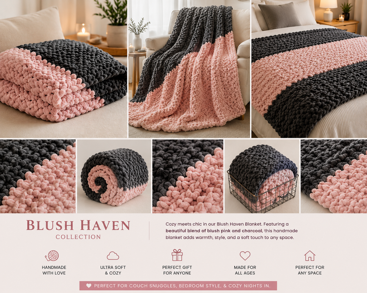 💕Blush Haven Handmade Chunky Knit Blanket