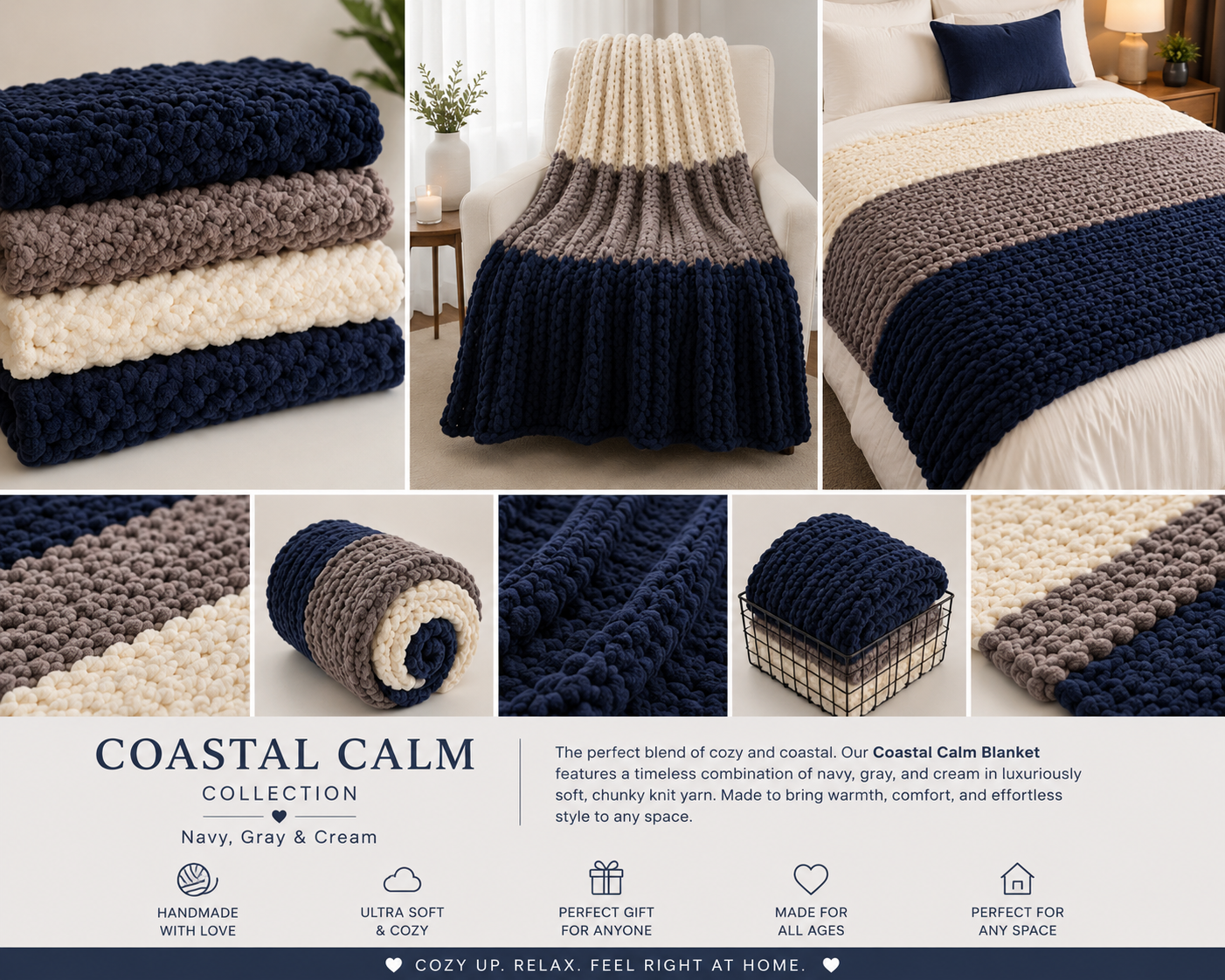 🌊Coastal Calm Handmade Chunky Knit Blankets