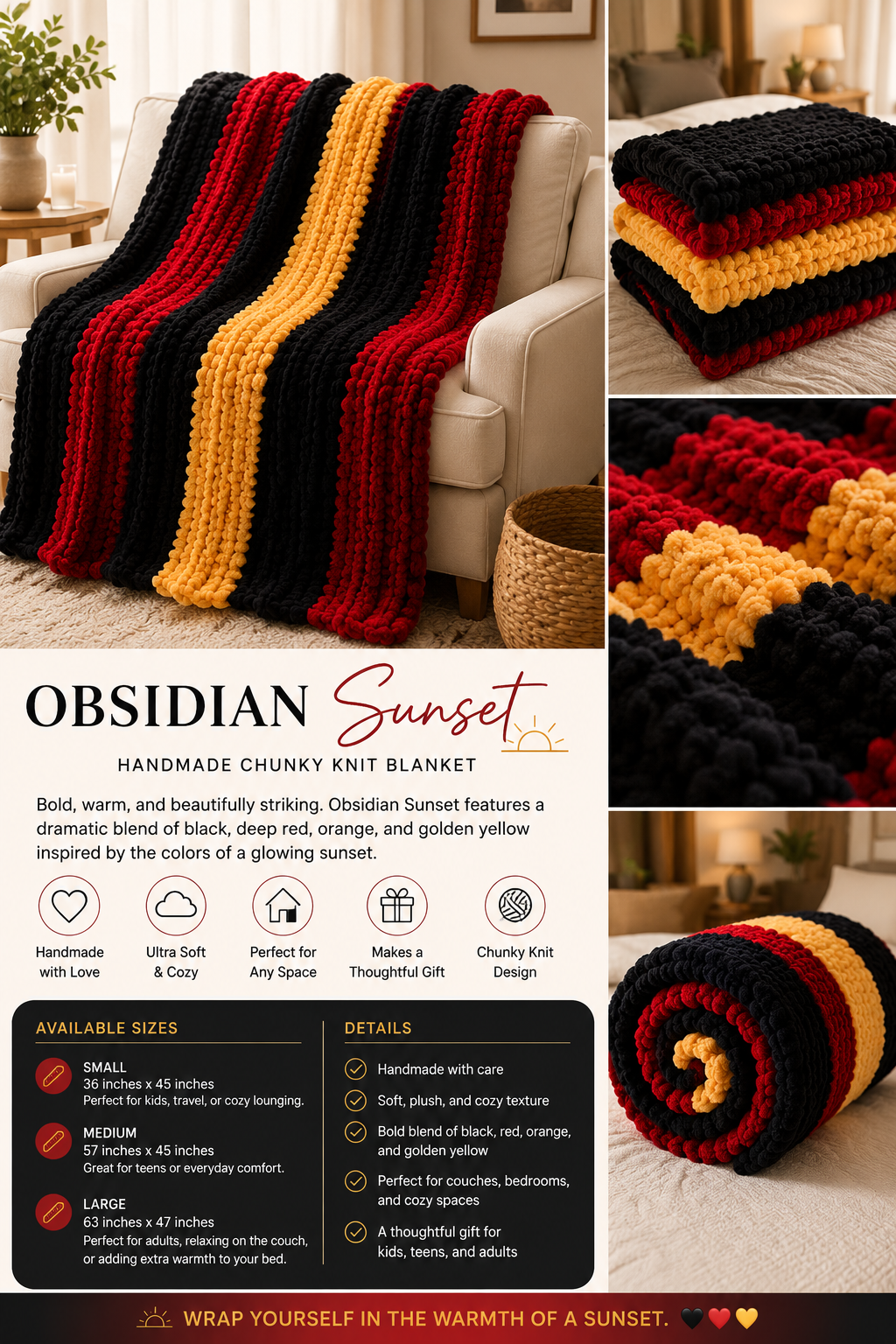 🌅 Obsidian Sunset Handmade Chunky Knit Blankets